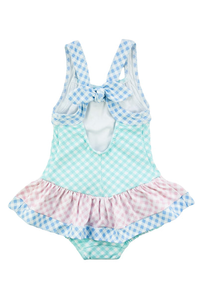 Gingham Skirted Swimsuit With Flowers