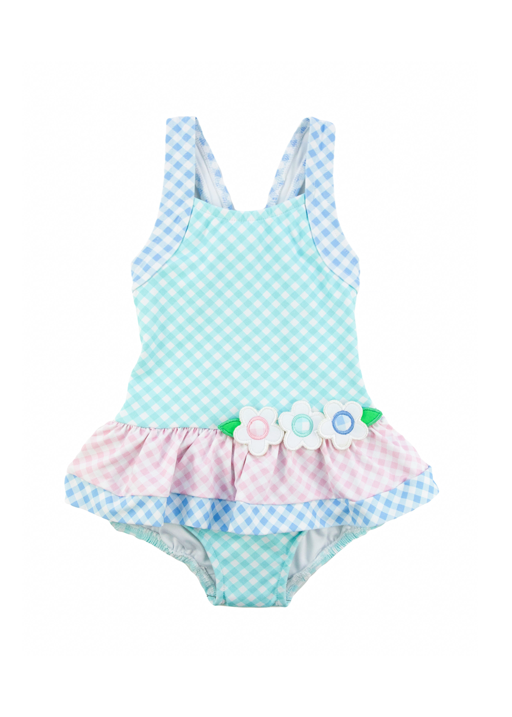 Gingham Skirted Swimsuit With Flowers