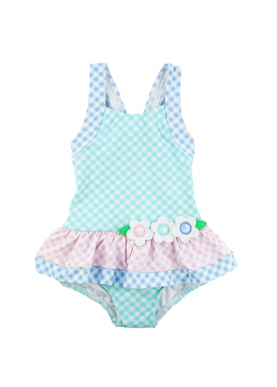 Gingham Skirted Swimsuit With Flowers