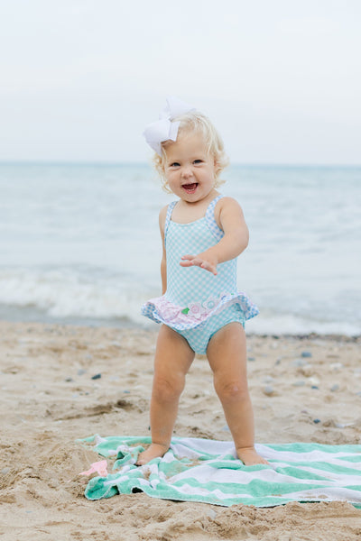 Gingham Skirted Swimsuit With Flowers