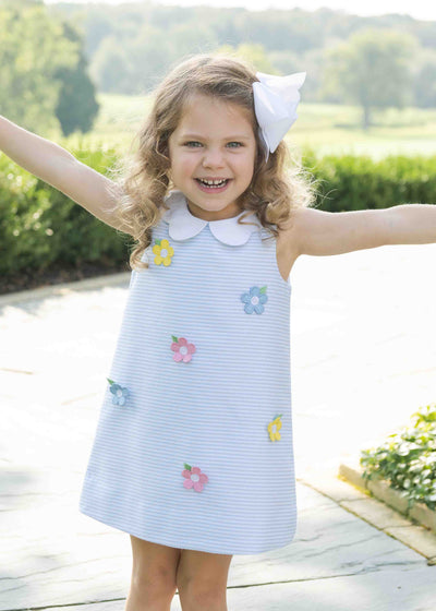 Stripe Birdseye Pique Dress with Petal Collar and Flowers