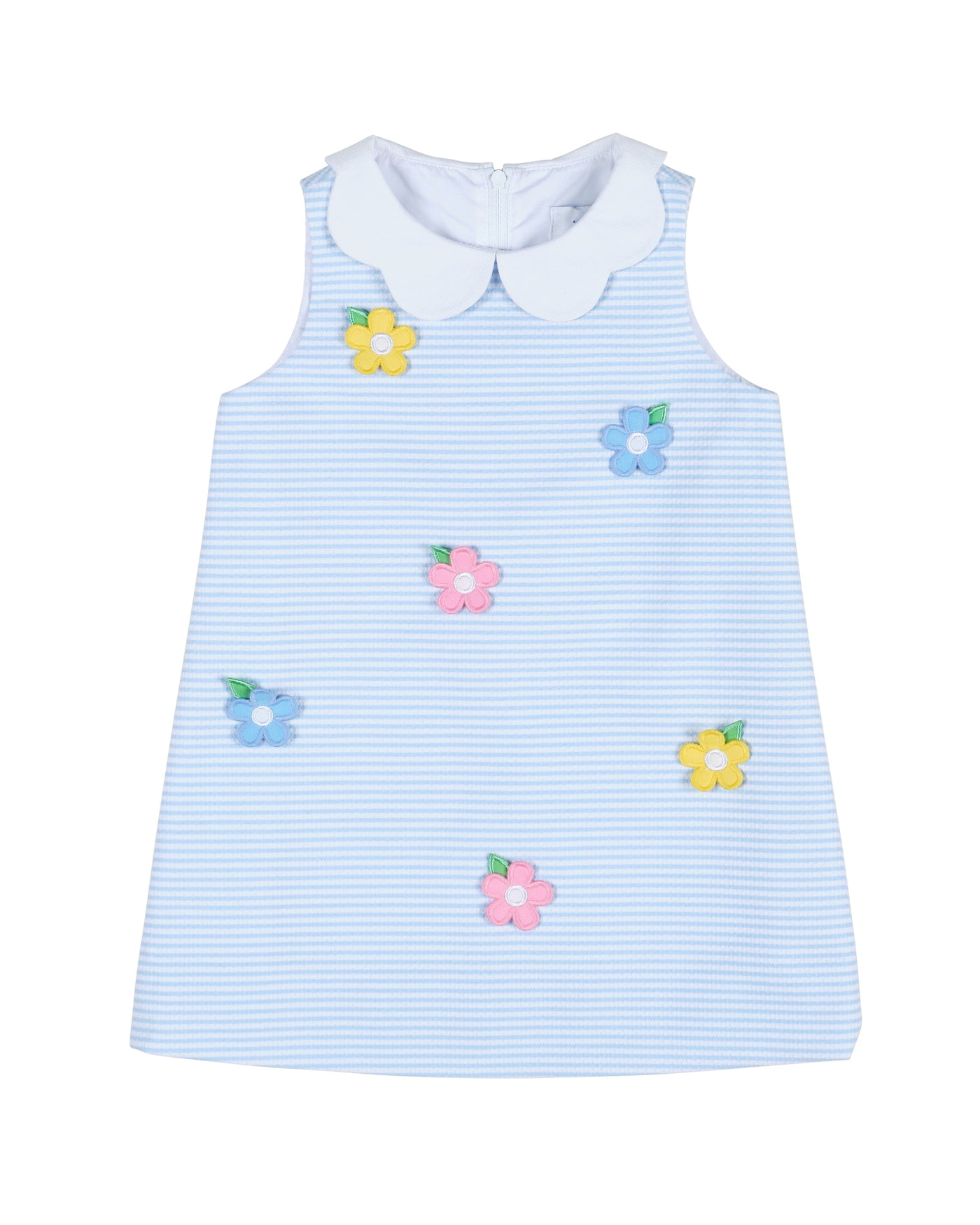 Stripe Birdseye Pique Dress with Petal Collar and Flowers